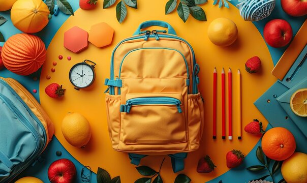 backpack with school stationery on yellow background school supplies sale banner back to school concept.