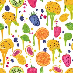 Seamless pattern of juice drips and fruit slices with a fun, colorful twist