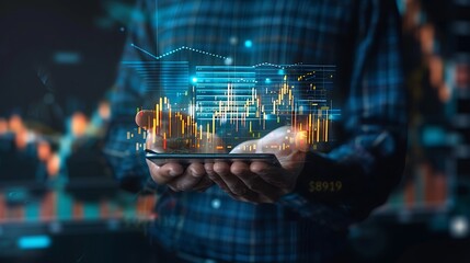 Person holding smartphone with digital business analytics displayed for highlighting data analysis financial trends strategic insights and modern mobile decision making concept.