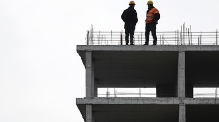 Fototapeta premium Two construction workers observe the skyline from the top of a building under construction on a cloudy day.