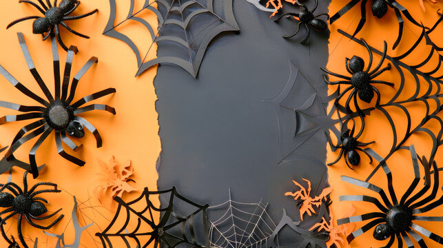 A vibrant Halloween background features realistic cobwebs and black spiders artfully arranged on orange and black paper, evoking playful spookiness