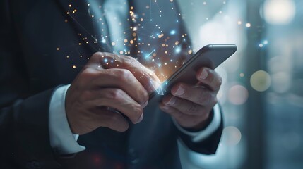Businessman holds smartphone with digital network overlay for representing connectivity and technology integration in modern business communication concept.