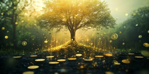 A serene landscape with a large tree symbolizing growth and stability surrounded by golden coins and financial symbols reflecting long-term financial planning