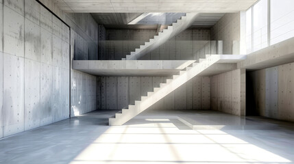 Obraz premium A stunning new staircase takes shape in a modern, minimalist space featuring raw concrete and natural light, blending historical influence with contemporary design