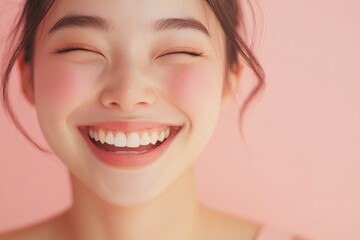 Obraz premium Asian woman with radiant skin showcasing high quality skincare products against a solid pink old rose pastel background, highlighting beauty and wellness.