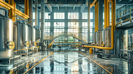 A vibrant industrial interior showcases a beer production line, featuring stainless steel tanks, yellow piping, and a striking floor-to-ceiling window