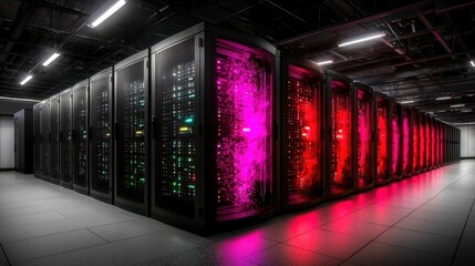 Futuristic data center with illuminated server racks, showcasing advanced technology and digital infrastructure.