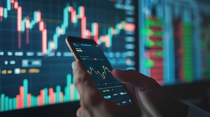 Person analyzing stock market data on their smartphone with a large monitor displaying charts in the background.