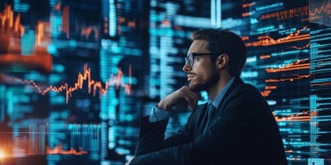 An innovative visual of a financial analyst deep in thought surrounded by floating digital data points, charts, and graphs representing analytical processes