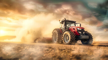 A powerful tractor plows through a field, stirring up clouds of dust as the sun rises, illuminating the landscape with vibrant colors
