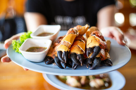 Influencer hand holding dish of steamed stone crab claws with spicy seafood dipping. Seafood recipes popular in local street food.