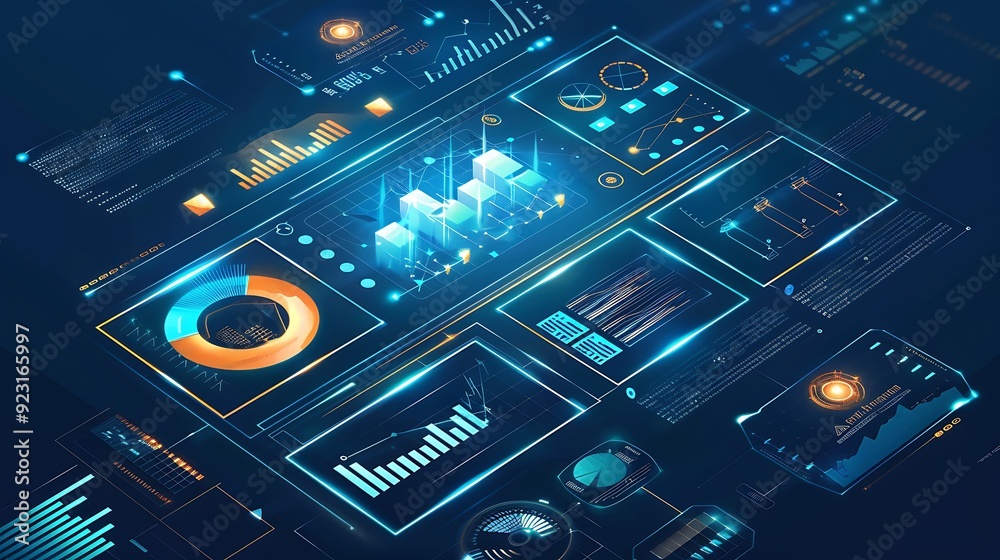 Poster abstract depicting a futuristic digital dashboard with various data visualizations and graphs displa