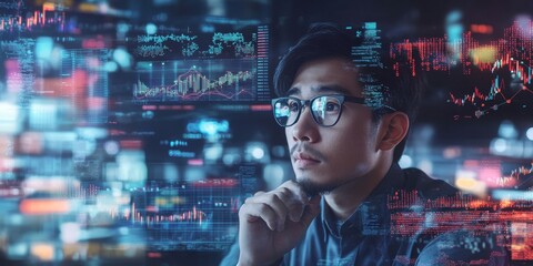 An innovative visual of a financial analyst deep in thought surrounded by floating digital data points, charts, and graphs representing analytical processes