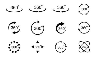 360 degree views. Signs with arrows to indicate the rotation or panoramas to 360 degrees. Vector illustration.