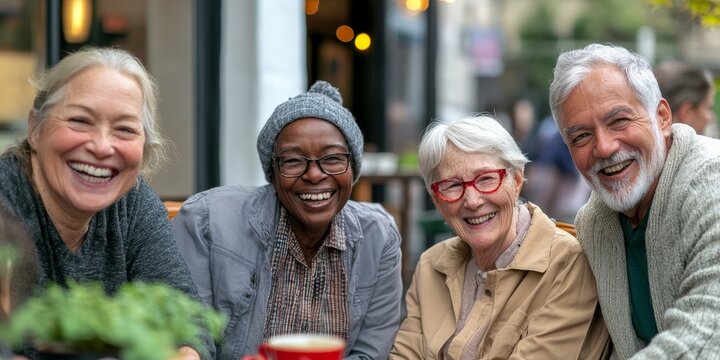A joyful portrait of a group of elderly friends enjoying a social outing at a local caf+?, with genuine smiles and lively conversation, reflecting their active and engaging lifestyle