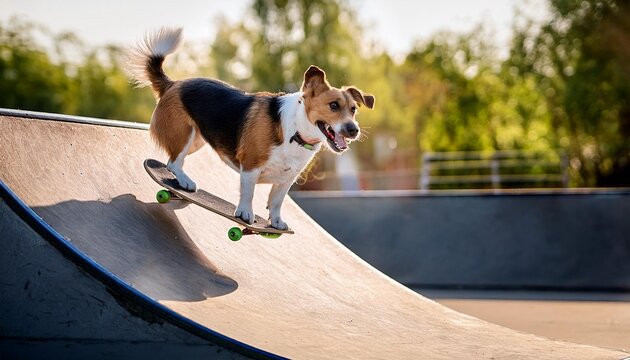 A dog scating on scate  board 