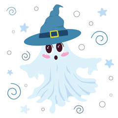 Cute ghost with big eyes kawaii and a witch hat, perfect for Halloween designs. Ideal for decorating invitations, creating Halloween-themed patterns, and adding a playful touch to seasonal projects.