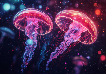 Abstract background with colorful jellyfishes in the dark water, red and white glowing lights. Colorful abstract light of various color.