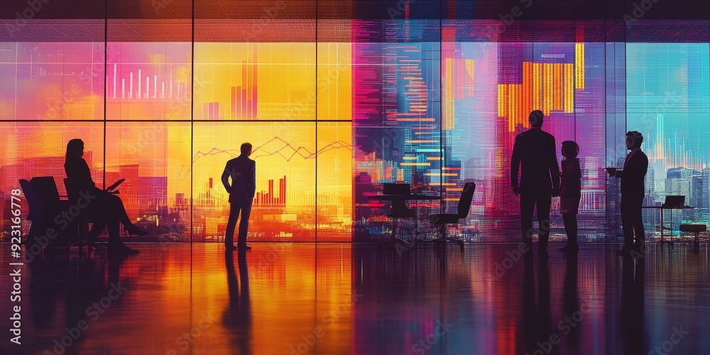 Leinwandbilder a vivid scene of a busy corporate finance office with employees collaborating on financial strategie