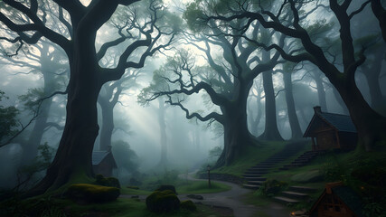 enchanting, misty forest, ancient trees, mysterious, hidden passages, greenery, tranquil