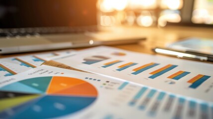 A laptop and a stack of papers with graphs on it