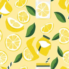 Seamless pattern of lemon wedges and lemonade with a zesty, summery feel