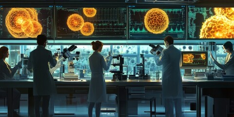 Fototapeta premium An engaging depiction of a biology lab with scientists studying microorganisms under high-powered microscopes, with colorful, detailed images of cellular structures displayed on digital screens