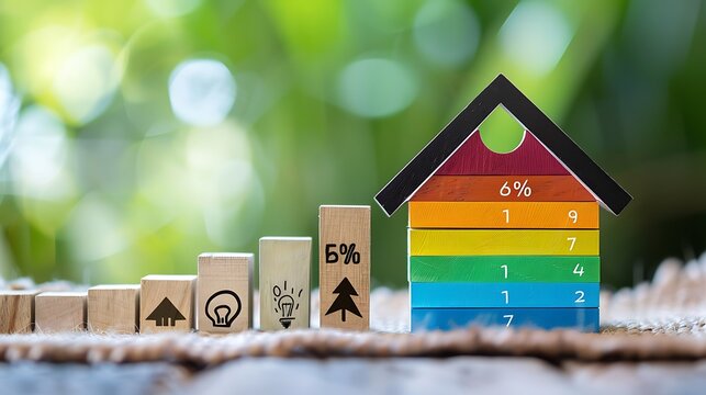 Wooden blocks forming a house and a chart demonstrating energy efficiency concept. - Powered by Adobe