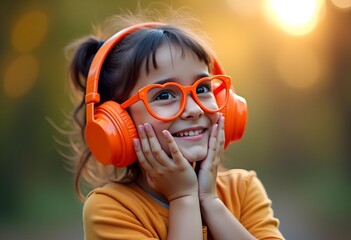 Adorable Girl with Down Syndrome Enjoying Music with Headphones