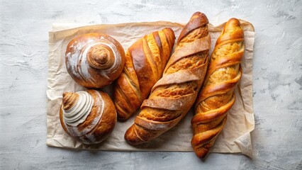 Freshly baked bread, crispy baguette, and rustic croissants arranged artfully on a pristine white paper background, evoking a sense of simplicity and culinary elegance.
