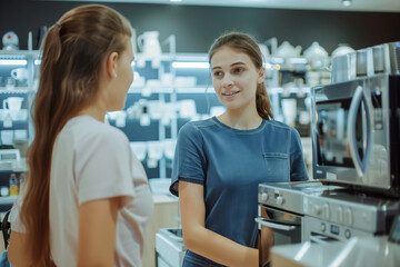 Obraz premium Saleswoman is giving information about an oven to a customer in an appliance store