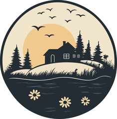 Rustic Lakeside House Silhouette