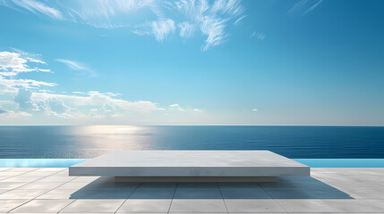 The white rectangular platform is placed on the vast sea