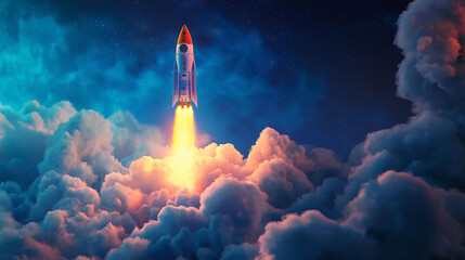 A rocket is flying through the sky, leaving a trail of smoke behind it. The sky is filled with clouds, giving the scene a dreamy and ethereal feel