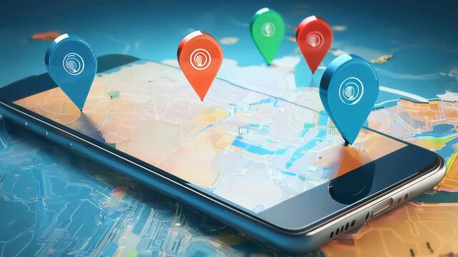 Mobile Phone with Map App and Location Pins