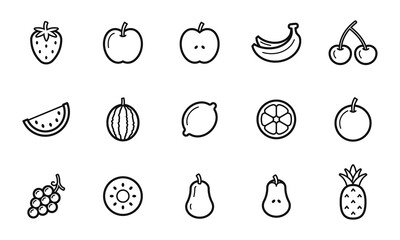 Set of fruit icons. Food symbol elements for cards, menus, web, apps, flyer, poster. PNG.
