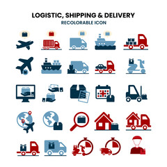 Logistics, shipping, delivery, cargo, freight, containing order tracking, delivery home, warehouse, truck, scooter, courier and cargo icons. Shipping symbol. 