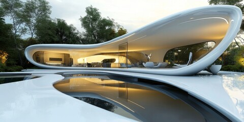 Obraz premium A high-tech, futuristic home with smart technology, automated systems, and sleek, modern design elements seamlessly integrated into a comfortable, advanced living space