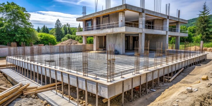 A sturdy concrete foundation of a modern house under construction, with steel rebars and scaffolding, providing a solid base for the upcoming structure.