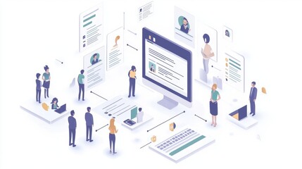 A creative depiction of human resource management, showcasing resumes and profiles being analyzed to find the perfect match, set on a white background