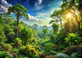 Vibrant forest ecosystem thrives with lush green foliage, towering trees, and diverse flora and fauna coexisting in harmony beneath a radiant blue sky.