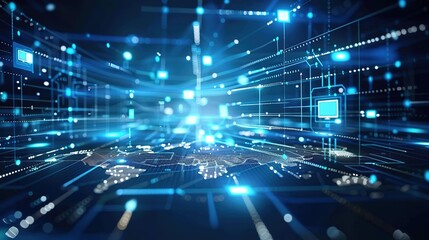 Abstract digital technology concept with blue glowing lines and dots.