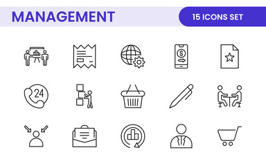 Business and office management Outline Icon Collection. marketing, strategy, teamwork, planning, business, training, office icons illustration.