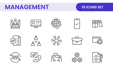 Business and office management Outline Icon Collection. marketing, strategy, teamwork, planning, business, training, office icons illustration.
