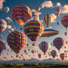 Fototapeta premium Many hot air balloon in the blue sky over the plain with mountain range in the background