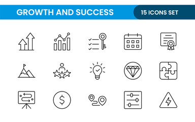 Growth and Success modern outline style icons set. Successful business development, plan and process symbol illustration.