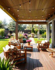 Modern Outdoor Patio with Cozy Seating and Lush Garden View