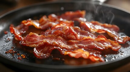 Realistic closeup photo of frying bacon in raw style