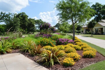 A vibrant landscape design features diverse species and a rich palette of colors
