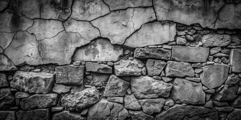 Fototapeta premium Dramatic black and white photograph showcasing intricate texture of rough, weathered stone wall with visible cracks and imperfections in high-contrast monochrome tones.